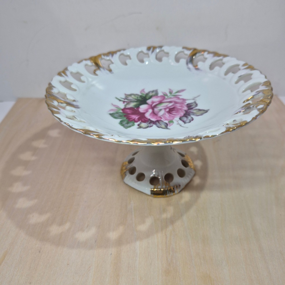 Vintage Lefton China Hand Painted Rose Pedestal Candy Dish Gold Gilt Reticulated